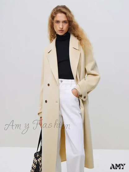 Wool Winter Notched Collar Belt Decoration Long Double Breasted Coat Yellow / Xxs