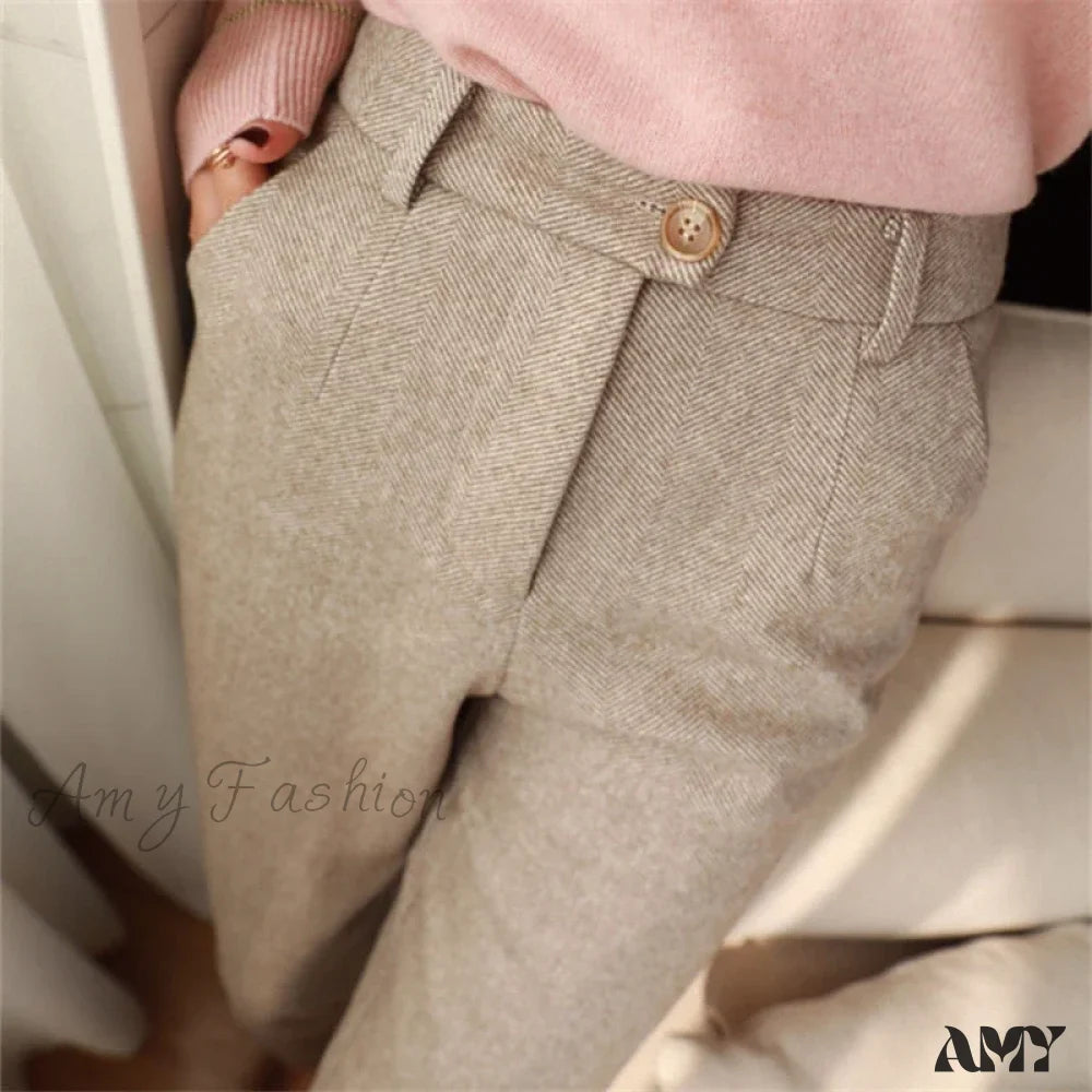 Woolen High Waist Elegant Casual Black Pencil Pants