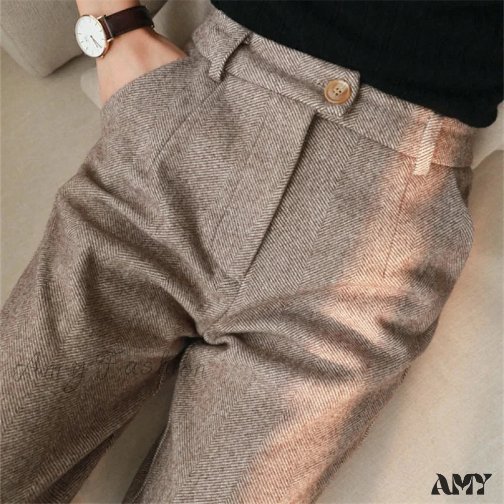 Woolen High Waist Elegant Casual Black Pencil Pants