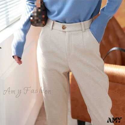 Woolen High Waist Elegant Casual Black Pencil Pants Apricot / S 40-49Kg