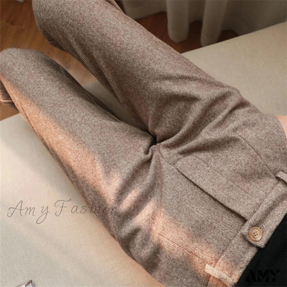 Woolen High Waist Elegant Casual Black Pencil Pants Camel / S 40-49Kg