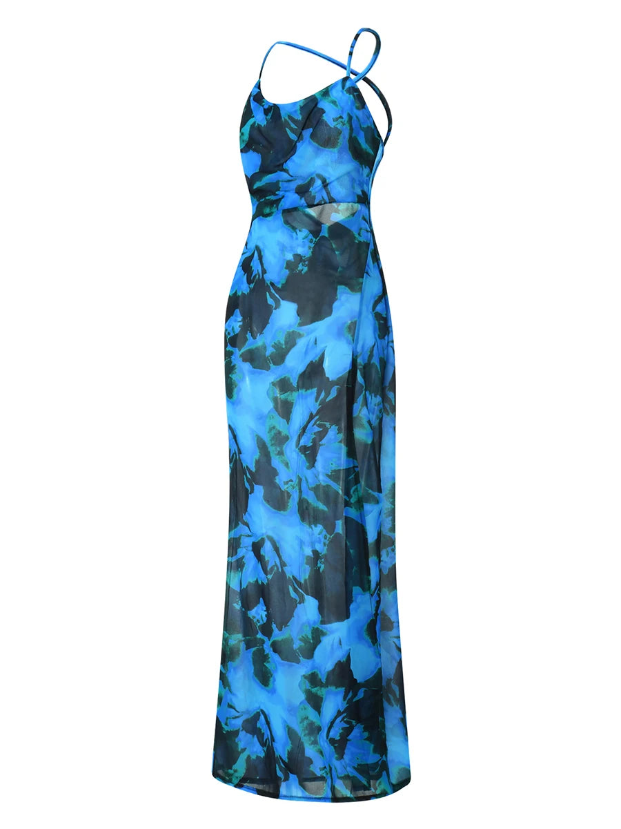 Amy Fashion - 2024 Blue Tie-dyed Suspender Backless High Slit Boho Dress