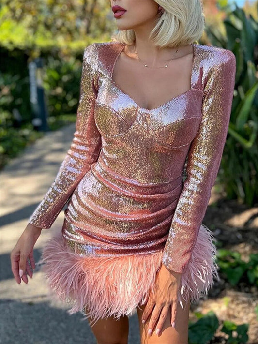 Amy Fashion - Shiny Glitters Feathers Trim Party Dress