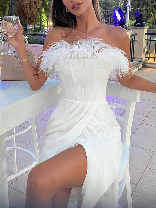 Amy Fashion - Feathers Off-Shoulder Tube Top Bodycon Dress