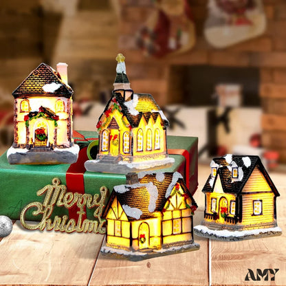 Xmas Lantern Decorative Resin House Figurine Set With Led Light For Kids - Of 4