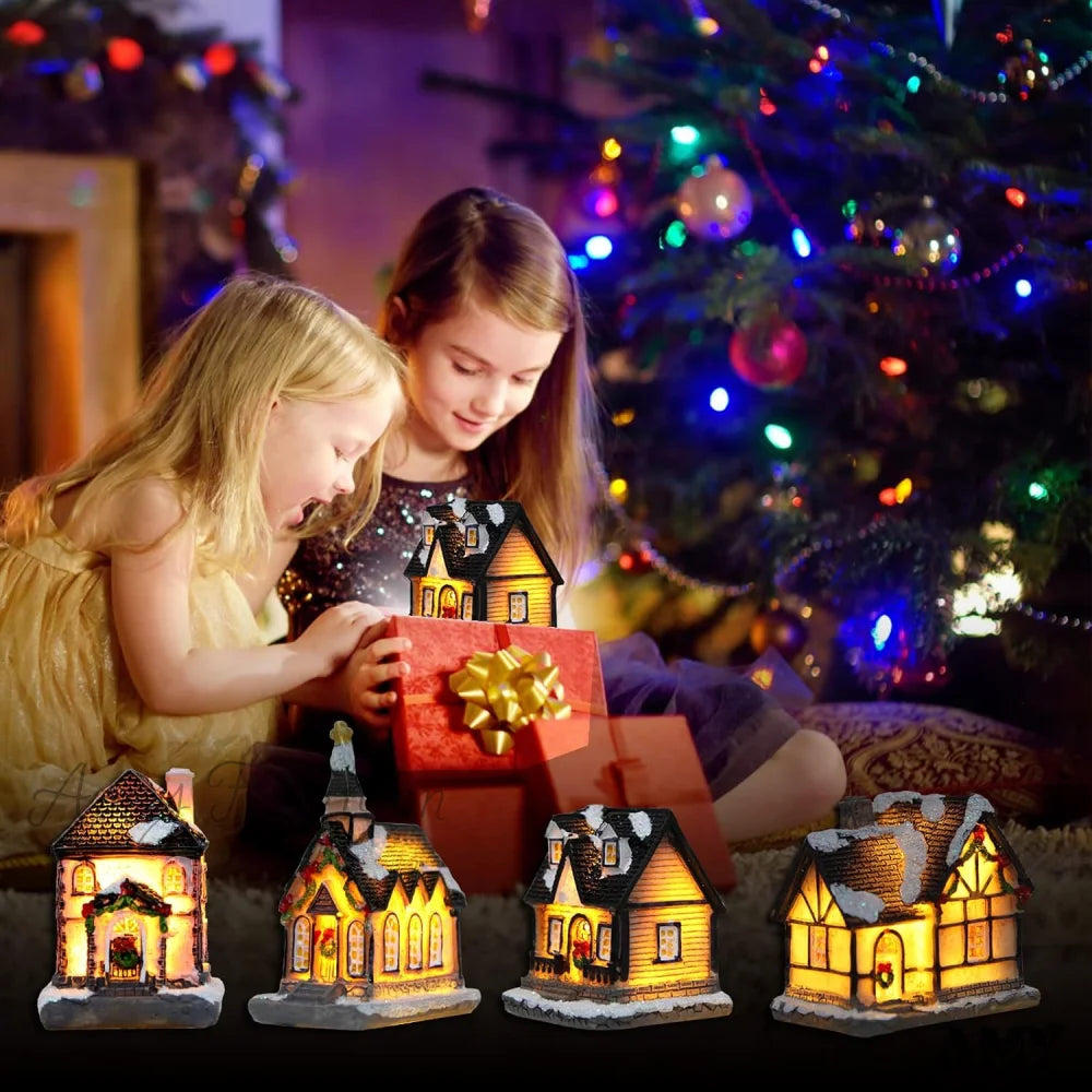 Xmas Lantern Decorative Resin House Figurine Set With Led Light For Kids - Of 4