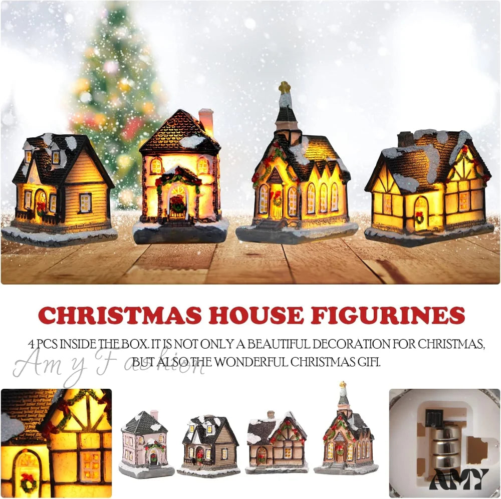 Xmas Lantern Decorative Resin House Figurine Set With Led Light For Kids - Of 4