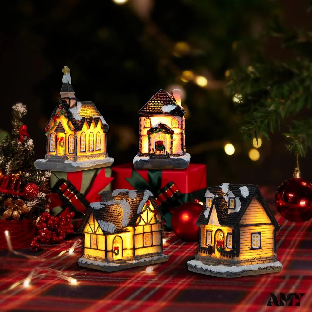 Xmas Lantern Decorative Resin House Figurine Set With Led Light For Kids - Of 4