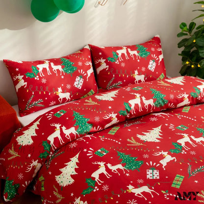 Xmas Tree Reindeer Queen Duvet Cover Set - Festive Bedroom Decor Lightweight Comforter 3 Pieces