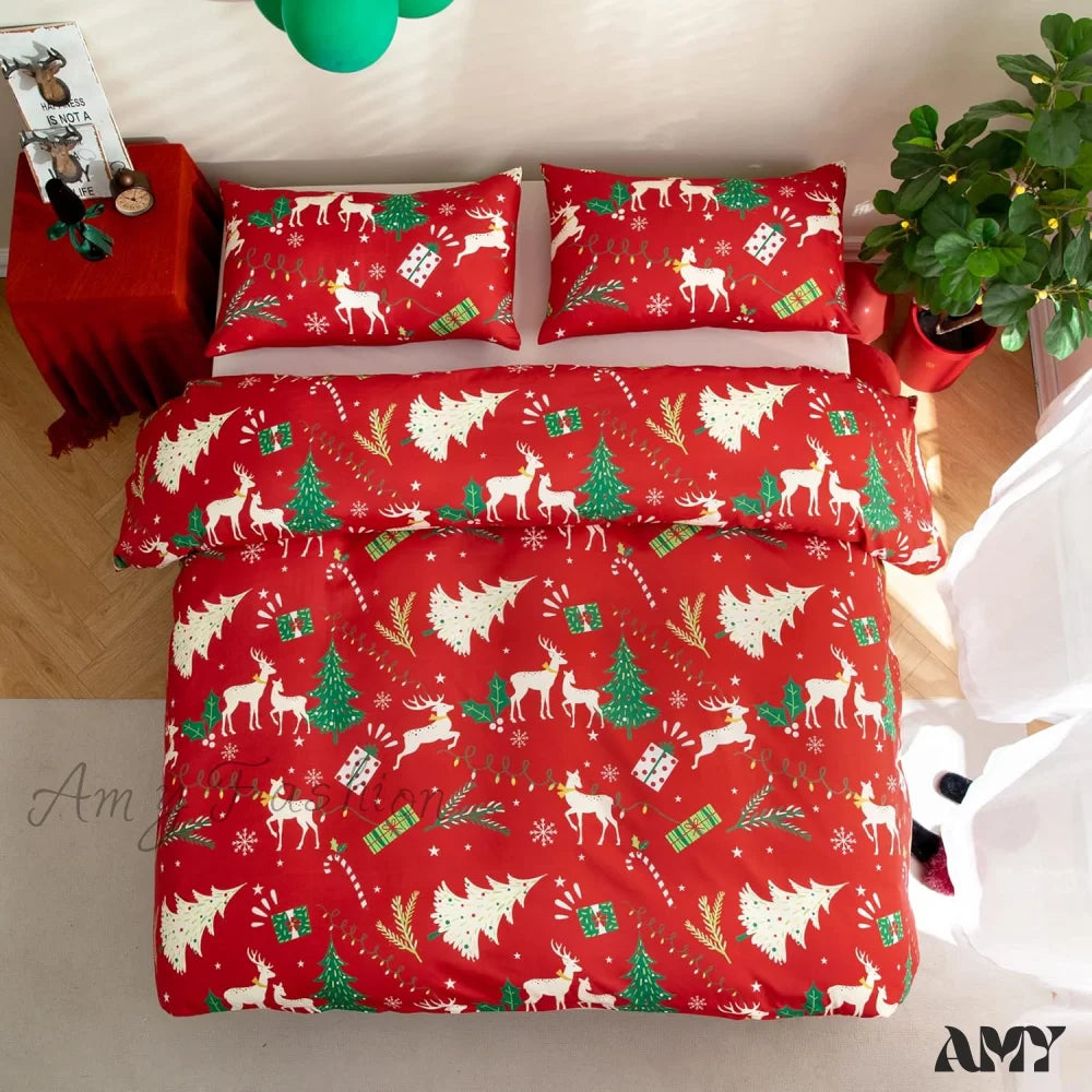 Xmas Tree Reindeer Queen Duvet Cover Set - Festive Bedroom Decor Lightweight Comforter 3 Pieces