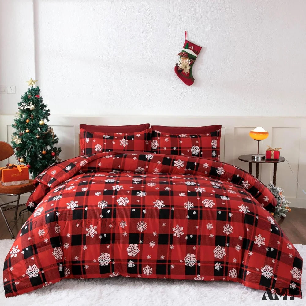 Xmas Tree Reindeer Queen Duvet Cover Set - Festive Bedroom Decor Lightweight Comforter 3 Pieces