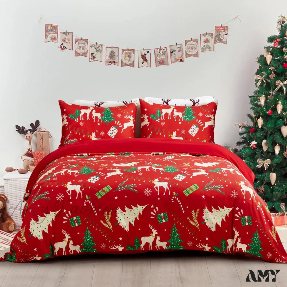 Xmas Tree Reindeer Queen Duvet Cover Set - Festive Bedroom Decor Lightweight Comforter 3 Pieces Red