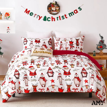 Xmas Tree Reindeer Queen Duvet Cover Set - Festive Bedroom Decor Lightweight Comforter 3 Pieces