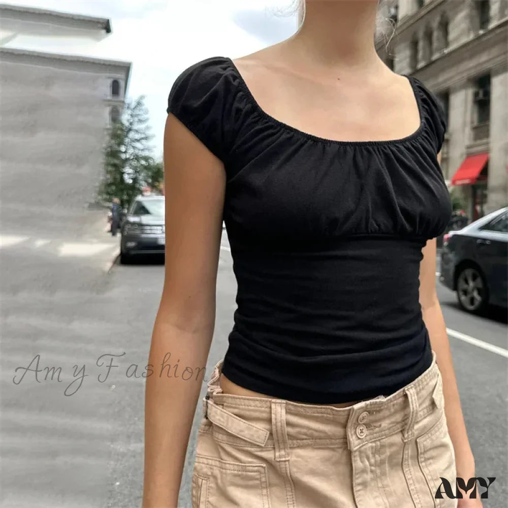 Y2K Aesthetic Solid Color Short Sleeve Ruched Basic Baby Tee Streetwear Crop Top