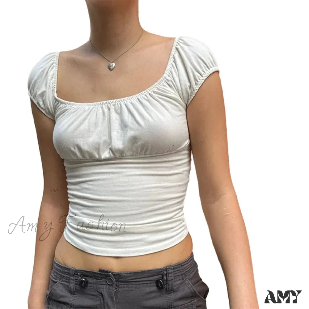 Y2K Aesthetic Solid Color Short Sleeve Ruched Basic Baby Tee Streetwear Crop Top White / S