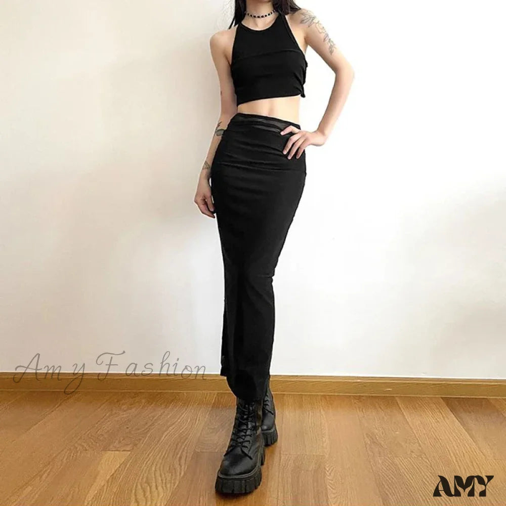 Y2K Black Long Harajuku Sexy Mesh Patchwork Wrap Summer Gothic Korean High Waist Slim A-Line Skirt