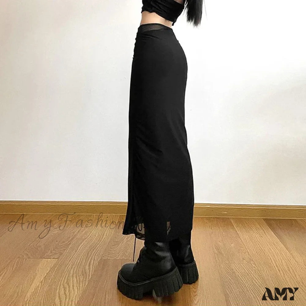 Y2K Black Long Harajuku Sexy Mesh Patchwork Wrap Summer Gothic Korean High Waist Slim A-Line Skirt