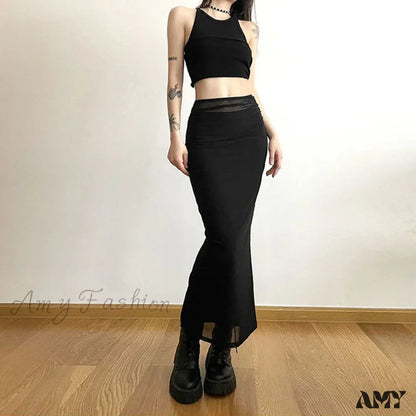 Y2K Black Long Harajuku Sexy Mesh Patchwork Wrap Summer Gothic Korean High Waist Slim A-Line Skirt