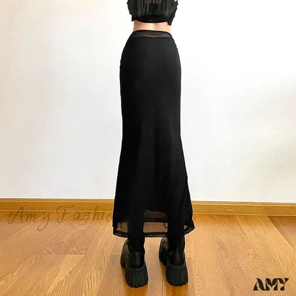 Y2K Black Long Harajuku Sexy Mesh Patchwork Wrap Summer Gothic Korean High Waist Slim A-Line Skirt