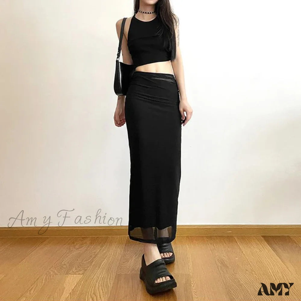 Y2K Black Long Harajuku Sexy Mesh Patchwork Wrap Summer Gothic Korean High Waist Slim A-Line Skirt