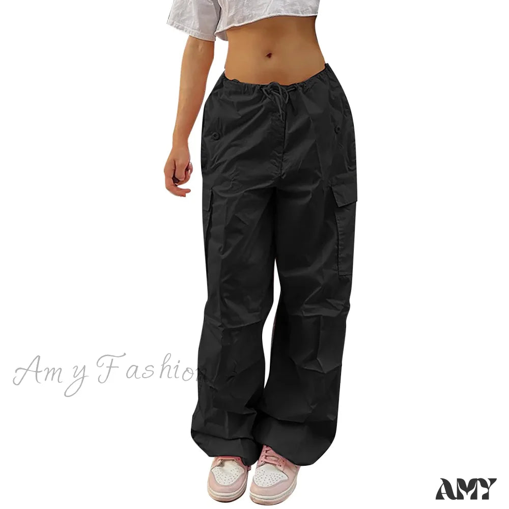 Y2K Cargo Casual Vintage Drawstring Tech Streetwear Hip Hop Baggy Trouser Black / S