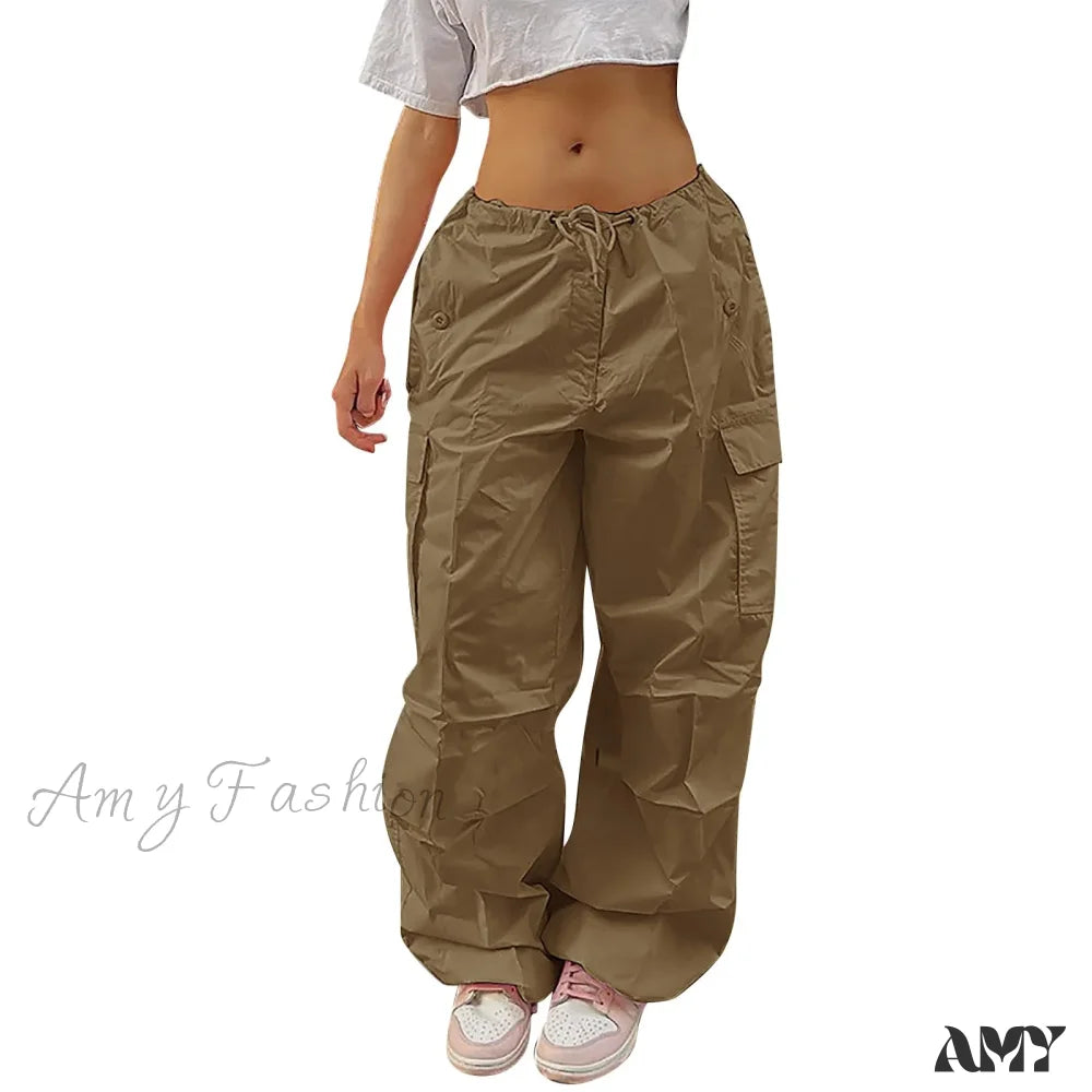 Y2K Cargo Casual Vintage Drawstring Tech Streetwear Hip Hop Baggy Trouser Brown / S