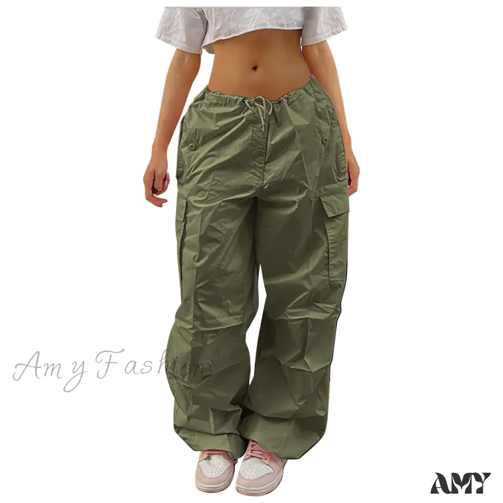 Y2K Cargo Casual Vintage Drawstring Tech Streetwear Hip Hop Baggy Trouser Green / S