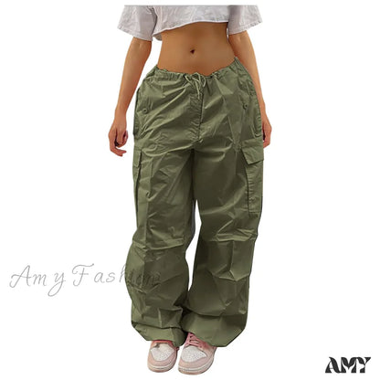 Y2K Cargo Casual Vintage Drawstring Tech Streetwear Hip Hop Baggy Trouser Green / S