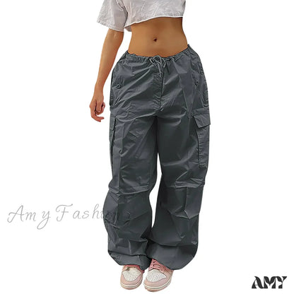 Y2K Cargo Casual Vintage Drawstring Tech Streetwear Hip Hop Baggy Trouser Grey / S