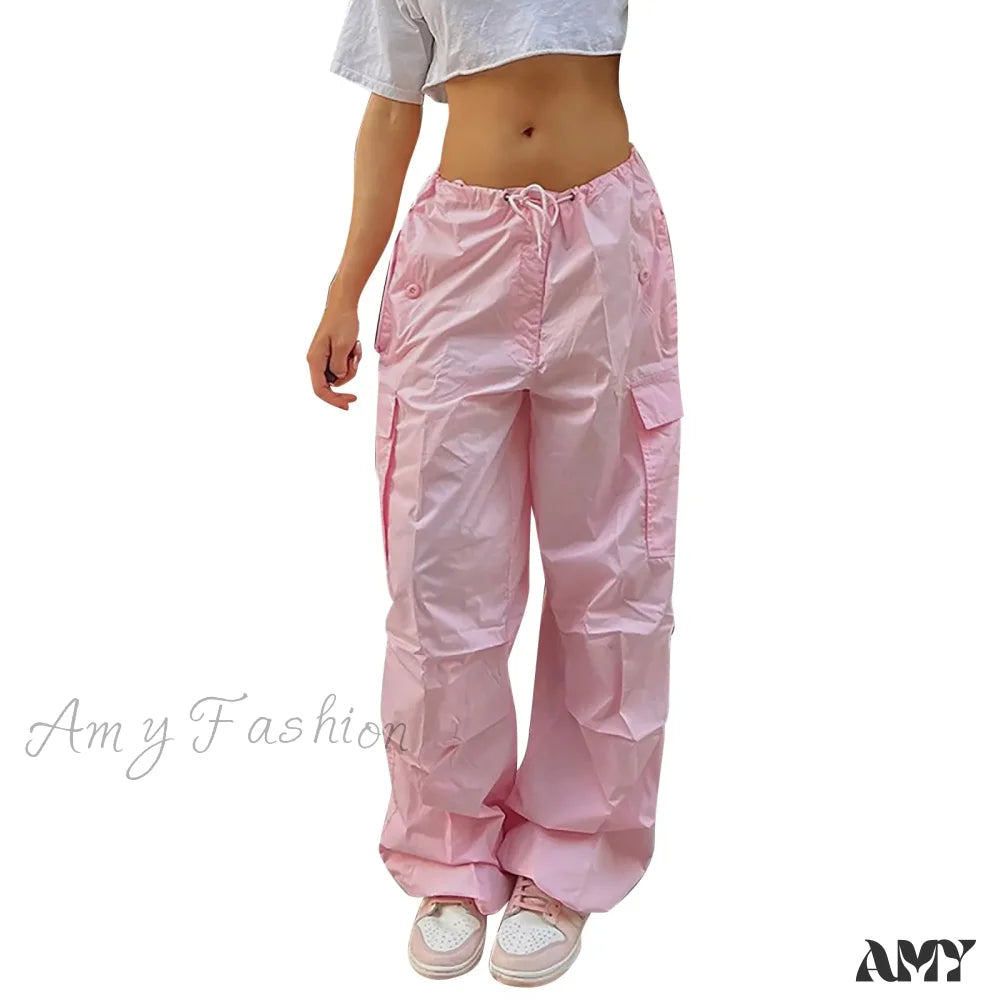 Y2K Cargo Casual Vintage Drawstring Tech Streetwear Hip Hop Baggy Trouser Pink / S