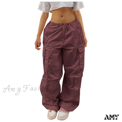 Y2K Cargo Casual Vintage Drawstring Tech Streetwear Hip Hop Baggy Trouser Red / S