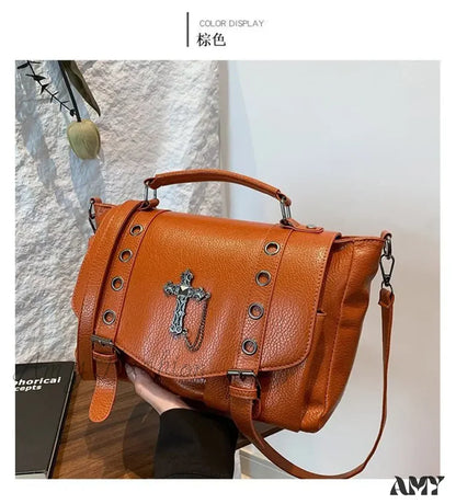 Y2K Casual Bag Leather Cross Retro Dark Messenger Gothic Black Crossbody Shoulder Brown