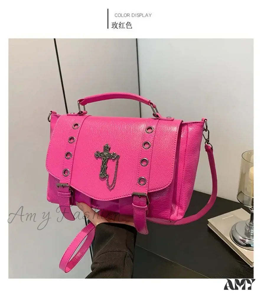 Y2K Casual Bag Leather Cross Retro Dark Messenger Gothic Black Crossbody Shoulder Pink