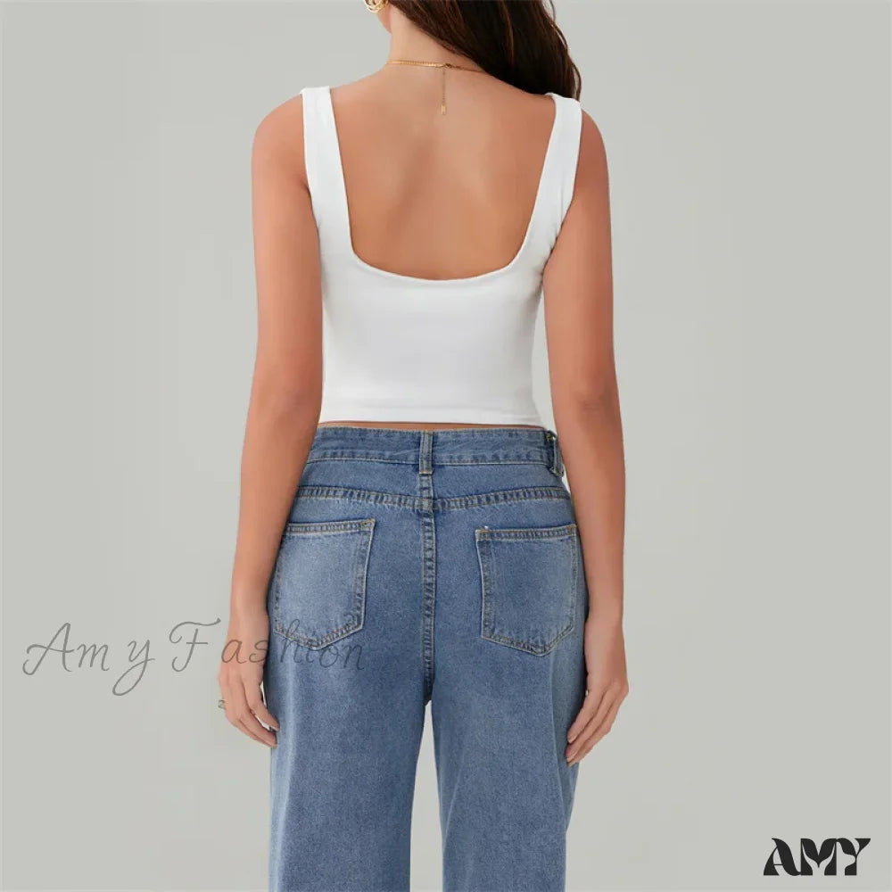 Y2K Casual Solid Color Square Collar Sleeveless Basic Streetwear Crop Top