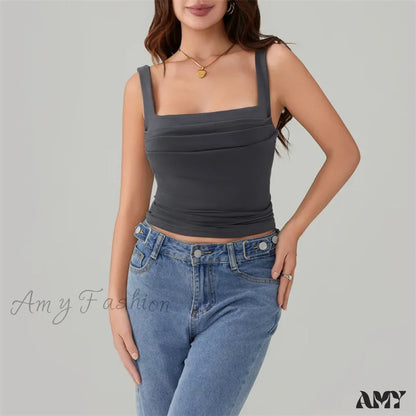 Y2K Casual Solid Color Square Collar Sleeveless Basic Streetwear Crop Top