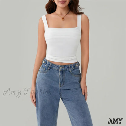 Y2K Casual Solid Color Square Collar Sleeveless Basic Streetwear Crop Top