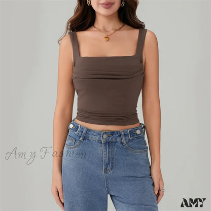 Y2K Casual Solid Color Square Collar Sleeveless Basic Streetwear Crop Top