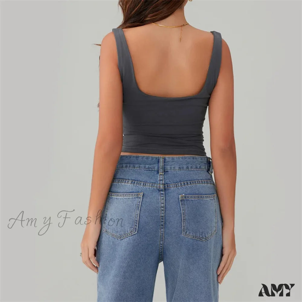 Y2K Casual Solid Color Square Collar Sleeveless Basic Streetwear Crop Top