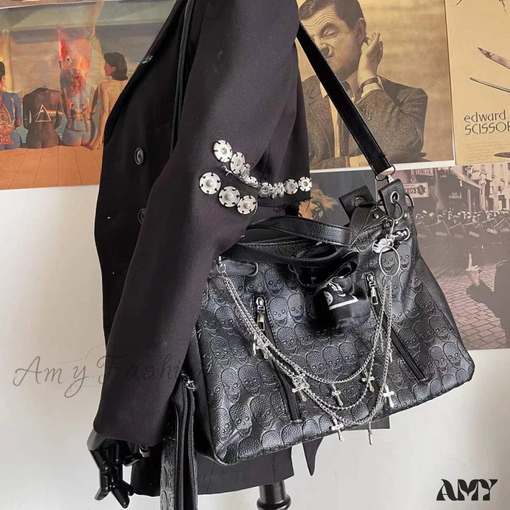 Y2K Chain Bag Gothic Cross Leather Large Capacity Printing Punk Skulls