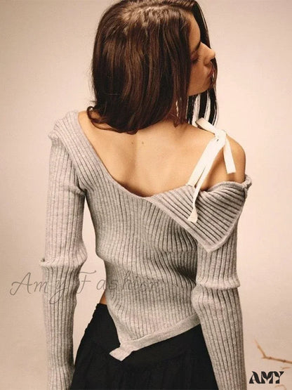 Y2K Coquette Bandage Off Shoulder American Retro Elegant Bow Sweater