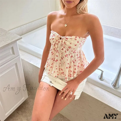 Y2K Floral Print Off Shoulder Strapless Sleeveless Drawstring Bandeau Summer Crop Top