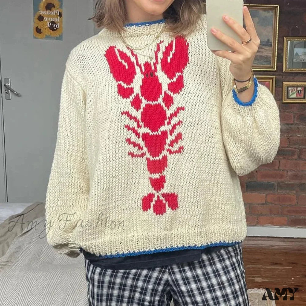 Y2K Knitted Pullovers 90S Vintage Grunge Preppy Style Lobster Pattern Autumn Winter Long Sleeve