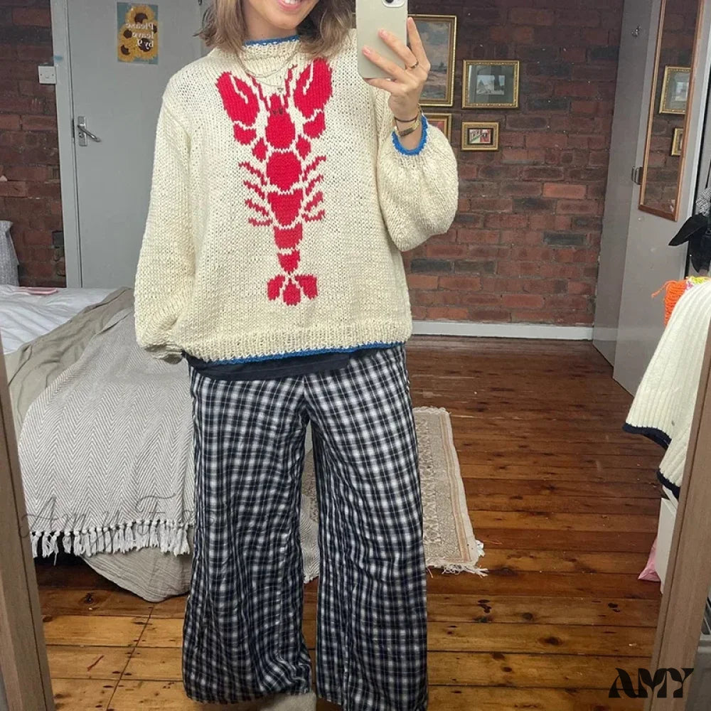 Y2K Knitted Pullovers 90S Vintage Grunge Preppy Style Lobster Pattern Autumn Winter Long Sleeve