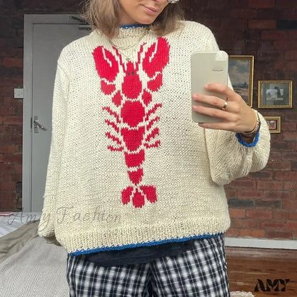 Y2K Knitted Pullovers 90S Vintage Grunge Preppy Style Lobster Pattern Autumn Winter Long Sleeve