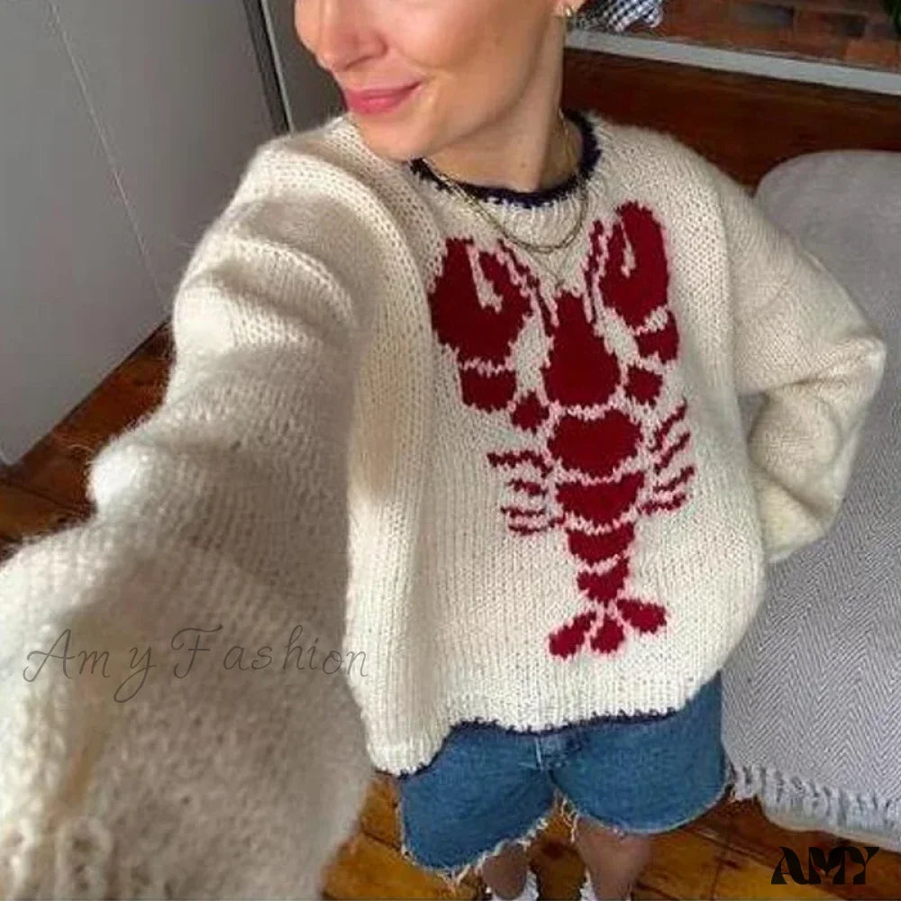 Y2K Knitted Pullovers 90S Vintage Grunge Preppy Style Lobster Pattern Autumn Winter Long Sleeve