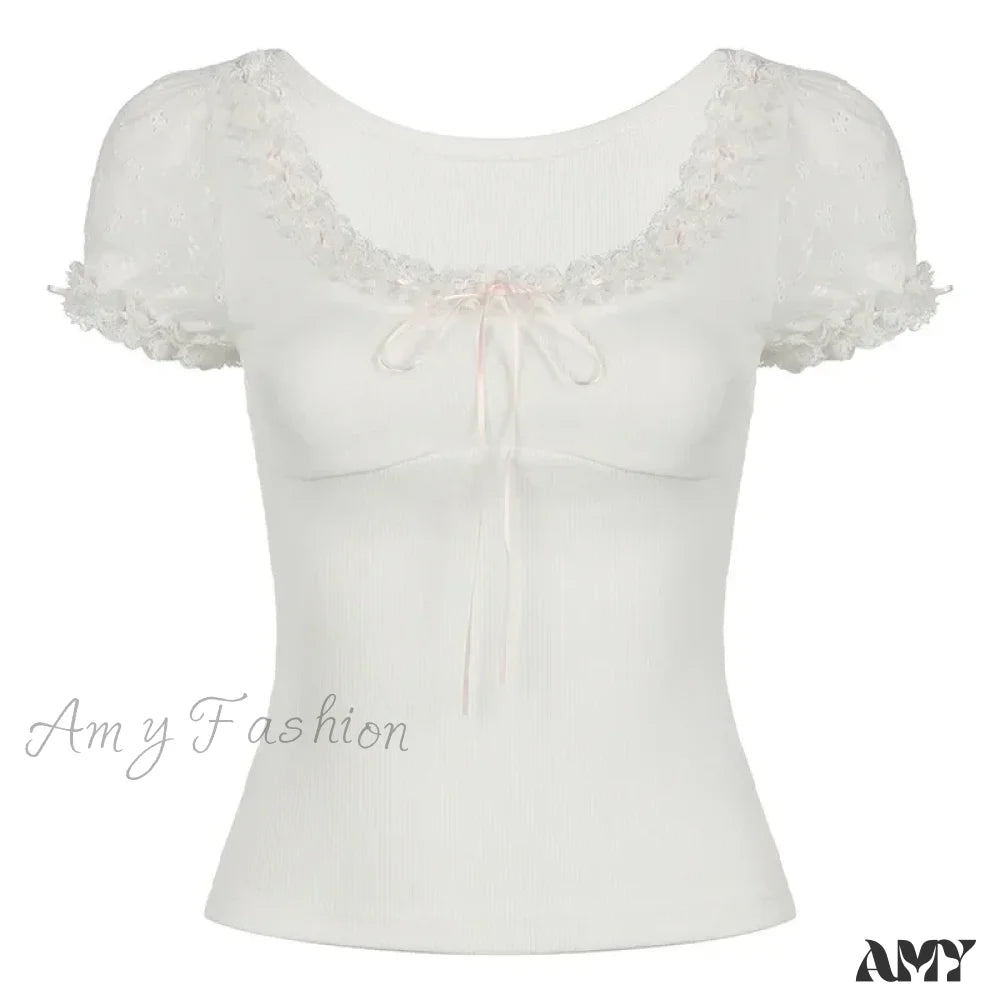 Y2K Lace Trim Cute Bow White Lolita Summer Slim-Fit Short Sleeve Crop Top / S