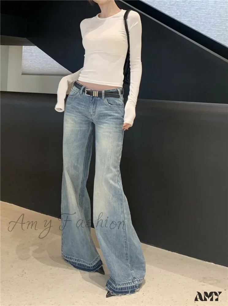 Y2K Low Waist Flare Spring Summer Autumn Fashion Lady Denim Rise Jean Blue / S