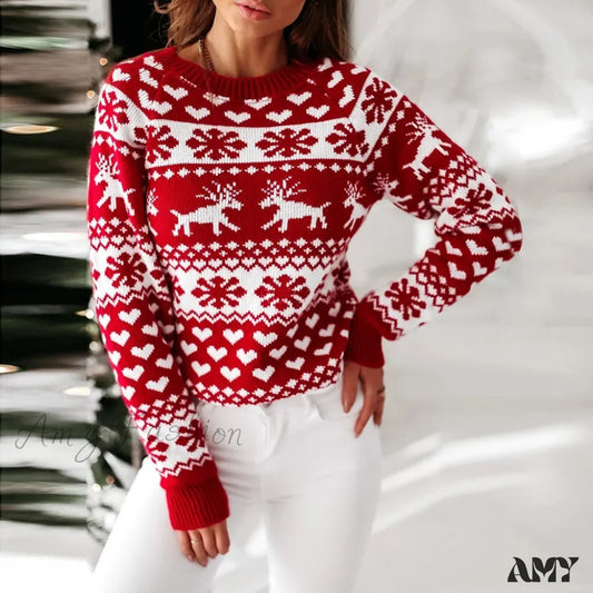 Y2K Moose Print Long Sleeve Christmas Sweater With Thicken Warmth Red / S