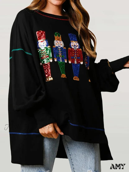 Y2K Nutcracker Sequin Long Sleeve Crewneck Christmas Hoodie