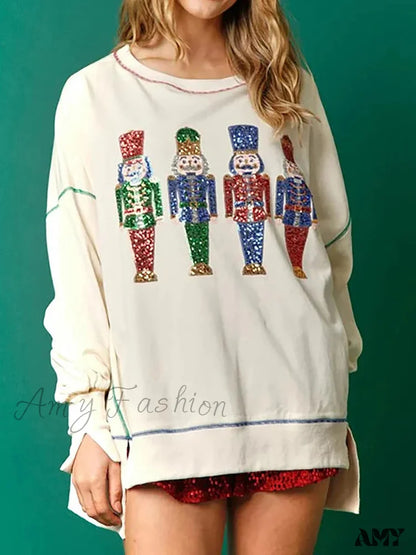 Y2K Nutcracker Sequin Long Sleeve Crewneck Christmas Hoodie Beige / S